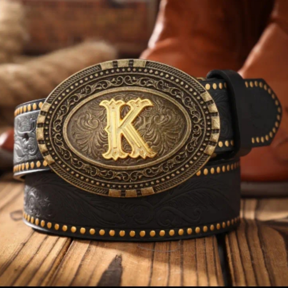 Western Tooled Belt w/ Gold Monogram Buckle | Cowboy Several Letters Available - Picture 11 of 16
